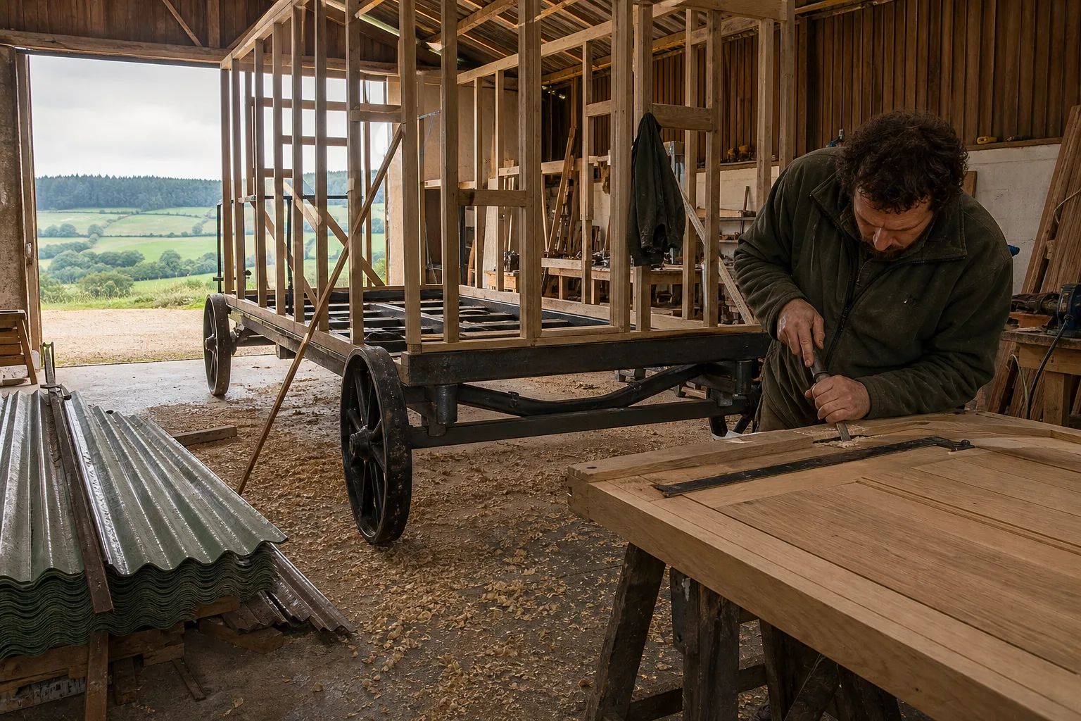 Joiner assembling a steel shepherd-hut chassis with cast-iron wheels in an English workshop